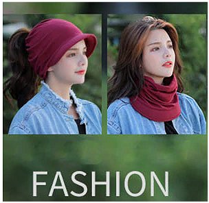 view of same style AL-160 Soft Cotton Peaked Brim Beanie Hat but different colour, worn on head and around neck, modelled by female