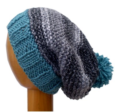 Dreadz Hand Knitted Slouchy Ribbed Brim Beanie Bobble Hat (AW-1815) (Black/White/Aqua)