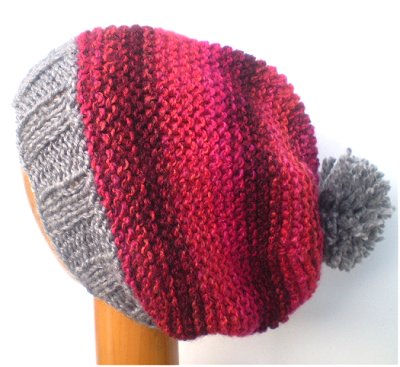 Dreadz Hand Knitted Slouchy Ribbed Brim Beanie Bobble Hat (Red/Grey)
