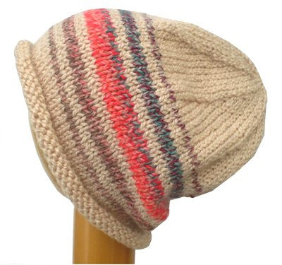Dreadz Rolled Brim Slouchy Beanie Hat (BE-13) Cream & Blue/Red Mix