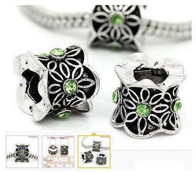 Dreadz Antique Silver and Green Rhinestone Dreadlock Hair Beads (5mm Hole) x 3 Bead Pack