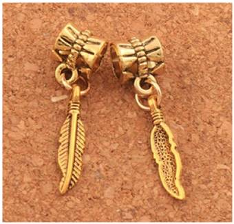 Dreadz Gold Feather Dangle Dreadlock Hair Beads (5mm Hole) x 2 Bead Pack