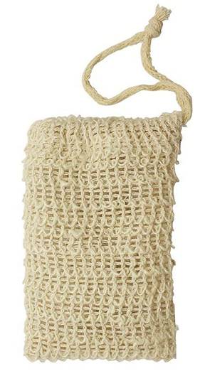 A Sisal Shampoo Bar Pouch against white background with drawstrings laid above the pouch
