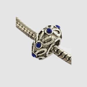 Dreadz Antique Silver and Blue Rhinestone Dreadlocks Hair Beads (6mm Hole) PH-82B x 1 Bead - one bead shown threaded onto silver chain displayed on grey background