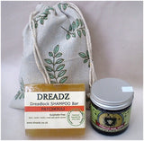 Mane Tamer Dreadlock Wax and Dreadz Patchouli Dread Shampoo Bar DUO Pack Combo Kit (Style 3) shown against a sprig leaf printed drawstring bag