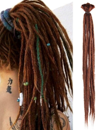 Multiple Coffee Brown coloured Synthetic Single Ended Dreadlocks Hair Extensions shown installed on a female model to the left of the image. A 5 Pack of Coffee Brown coloured Synthetic Single Ended Dreadlocks Hair Extensions shown gouped together against white background to the right of the image.