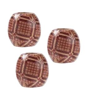 Three wooden patterned 7.4 millimetre hole grid dreadlock hair beads displayed against white background