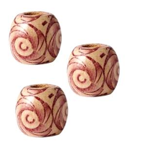 Three wooden patterned 7.4 millimetre hole Red Swirl dreadlock hair beads displayed against white background