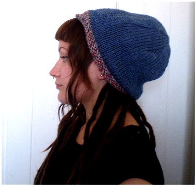 Hand Knitted Slouchy Beanie Hat (Blue with Rust Trim)