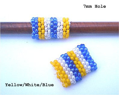 Handmade Peyote Stitch Beaded Dreadlock Sleeve (7mm Hole) x 1 (#126) Yellow/White/Blue