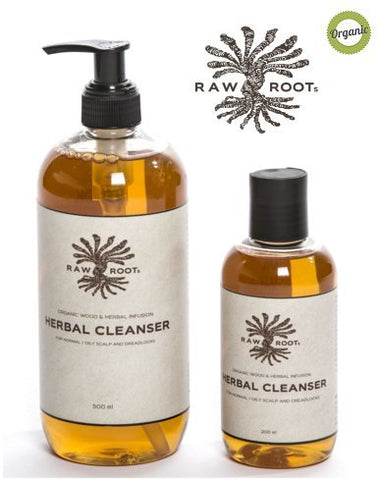 A bottle of RAW ROOTs Herbal Cleanser Dreadlock Shampoo 500ml with pump top shown with a bottle of RAW ROOTs Herbal Cleanser Dreadlock Shampoo 200ml with flip top lid