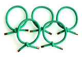 Five Aqua twisted rope-effect dreadlock hair ties, laid out in a style similar to the 5 interlocking Olympic rings, shown against a white background