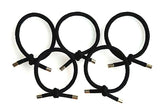 Five Black twisted rope-effect dreadlock hair ties, laid out in a style similar to the 5 interlocking Olympic rings, shown against a white background