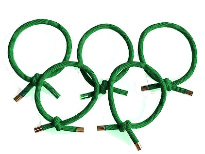Five Green twisted rope-effect dreadlock hair ties, laid out in a style similar to the 5 interlocking Olympic rings, shown against a white background