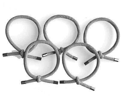 Five Grey twisted rope-effect dreadlock hair ties, laid out in a style similar to the 5 interlocking Olympic rings, shown against a white background
