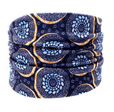 A front view of the Dreadz Wide Dreadlock Headband and Headwrap in Blues and Yellow Tribal colours