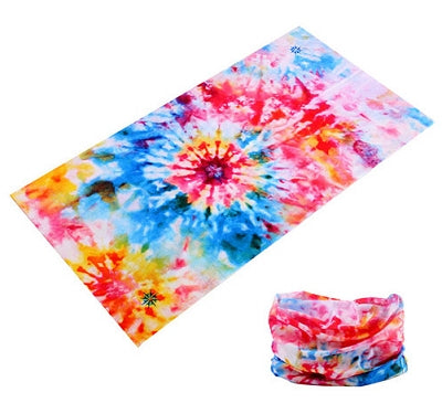 Dreadz 12 in 1 Tie Dye Multi-Function Tubular Headband / Headwear (Light Bright) shown laid flat and rolled up against plain white background