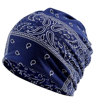 Dreadz three in one Multi Function Tubular Beanie, Headwrap, and Neckwarmer in Dark Blue and White Paisley colours shown against a white background
