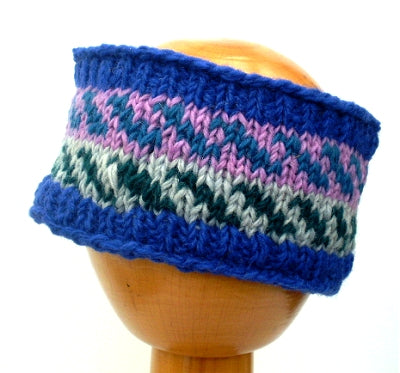 Fair Trade Fleece Lined Woollen Headband (#546-16 Blue/Pink/Green) displayed on wooden mannequin head against plain light background
