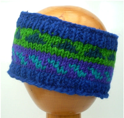 Fair Trade Fleece Lined Woollen Headband (#546-13 Blue/Purple/Green) displayed on wooden mannequin head against plain light background