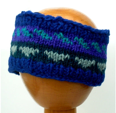 Fair Trade Fleece Lined Woollen Headband (#546-18 Blue/Purple/Green) displayed on wooden mannequin head against plain light background