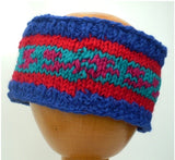 Fair Trade Fleece Lined Woollen Headband (#546-15 Blue/Red/Aqua) displayed on wooden mannequin head against plain light background