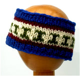 Fair Trade Fleece Lined Woollen Headband (#546-17 Blue/Red/Green) displayed on wooden mannequin head against plain light background