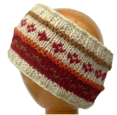 Fair Trade Fleece Lined Woollen Headband (#546-01 Red/Cream) displayed on wooden mannequin head against plain light background