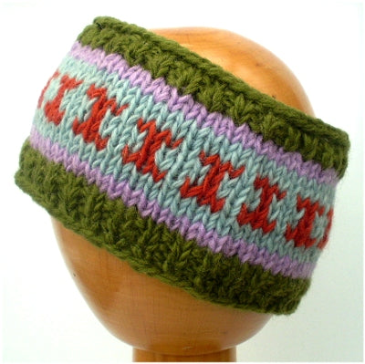 Fair Trade Fleece Lined Woollen Headband (#546-02 Green/Purple/Red) displayed on wooden mannequin head against plain light background