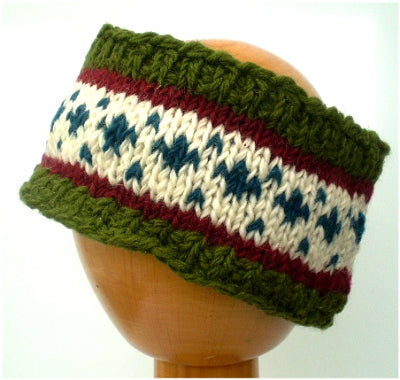 Fair Trade Fleece Lined Woollen Headband (#546-04 Green/Red/White/Blue) displayed on wooden mannequin head against plain light background