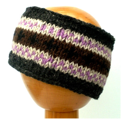 Fair Trade Fleece Lined Woollen Headband (#546-10 Grey/Brown/Purple) displayed on wooden mannequin head against plain light background