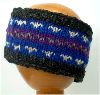 Fair Trade Fleece Lined Woollen Headband (#546-09 Grey/Purple/Blue) displayed on wooden mannequin head against plain light background