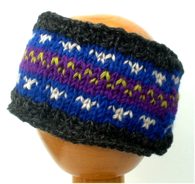 Fair Trade Fleece Lined Woollen Headband (#546-08 Grey/Purple/Lime) displayed on wooden mannequin head against plain light background