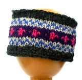 Fair Trade Fleece Lined Woollen Headband (#546-12 Grey/Purple/Pink) displayed on wooden mannequin head against plain light background