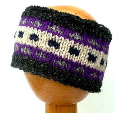 Fair Trade Fleece Lined Woollen Headband (#546-11 Grey/White/Purple) displayed on wooden mannequin head against plain light background