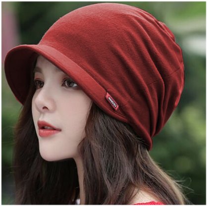 Dreadz Soft Cotton Peaked Brim Beanie Hat (AL-159 Dark Red) being worn by female model