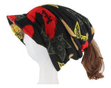 Front view of Dreadz Soft Cotton Peaked Brim Beanie Hat (AL-160 Black Abstract) on mannequin head