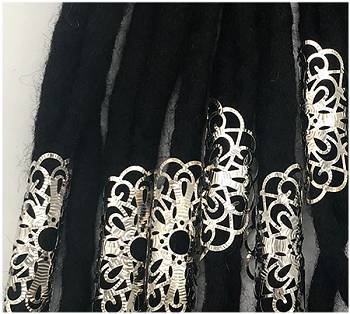 Six Large Silver Filigree Adjustable Single Dreadlock Hair Cuffs shown on synthetic dreadlocks against a white background
