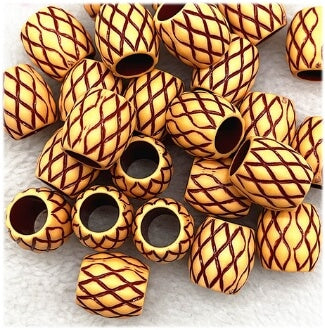 A collection of brown acrylic lattice hair beads for dreadlocks, with 8mm hole, shown grouped together on a white background