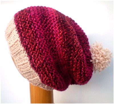 Dreadz Hand Knitted Slouchy Ribbed Brim Beanie Bobble Hat (Red/Cream)