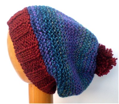 Dreadz Hand Knitted Slouchy Ribbed Brim Beanie Bobble Hat (Blues/Brown)