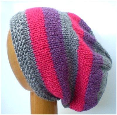 Dreadz Hand Knitted Slouchy Striped Beanie Hat (AW-1818) (Grey/Pink/Purple)