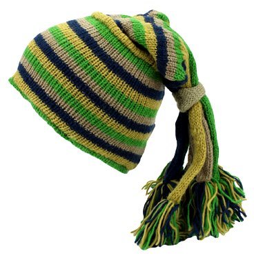 Fair Trade Hippie Tassel Fleece Lined Slouch Beanie Hat (LE-1) (Green/Navy)