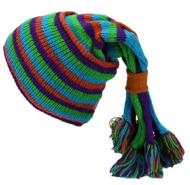 Fair Trade Hippie Tassel Fleece Lined Slouch Beanie Hat (LE-2) (Blue/Green/Purple)