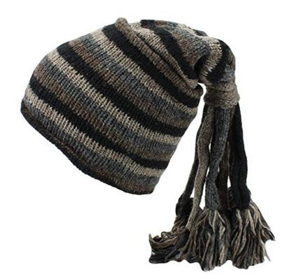 Fair Trade Hippie Tassel Fleece Lined Slouch Beanie Hat (LE-4) (Grey Mix)