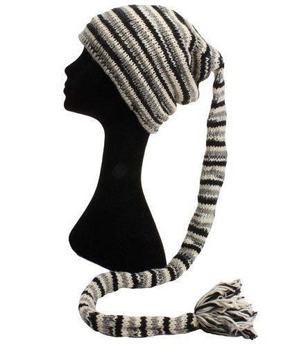Fair Trade Wool Knit Tail Fleece Lined Beanie Hat (LE-6) (Black/Grey/White)