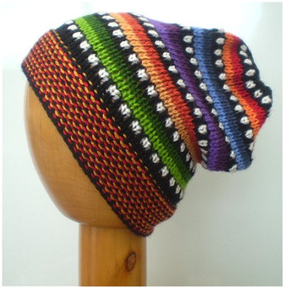 Fair Trade Hand Knit Alpaca Beanie Hat (PE-02) (Orange/Green)