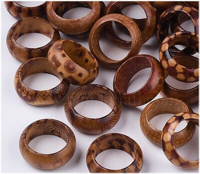 Multiple jumbo-sized, wooden tribal dreadlock hair beads/rings with 16 millimetre inner hole size, sold as single beads/rings