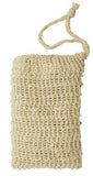A Sisal Shampoo Bar Pouch against  white background with drawstrings laid above the pouch