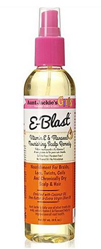 A 237 millilitre bottle of Aunt Jackie's Girls E-Blast Vitamin E & Flaxseed Nourishing Scalp Remedy shown against a white background